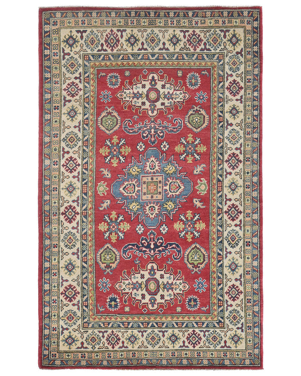 4x6 Red Kuba Afghan Hand Knotted Wool Area Rug